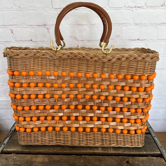 60's Straw & Beaded Tote Bag/Purse - Leather Handle - Boho - Mod - Coated Straw - Picture 1 of 9
